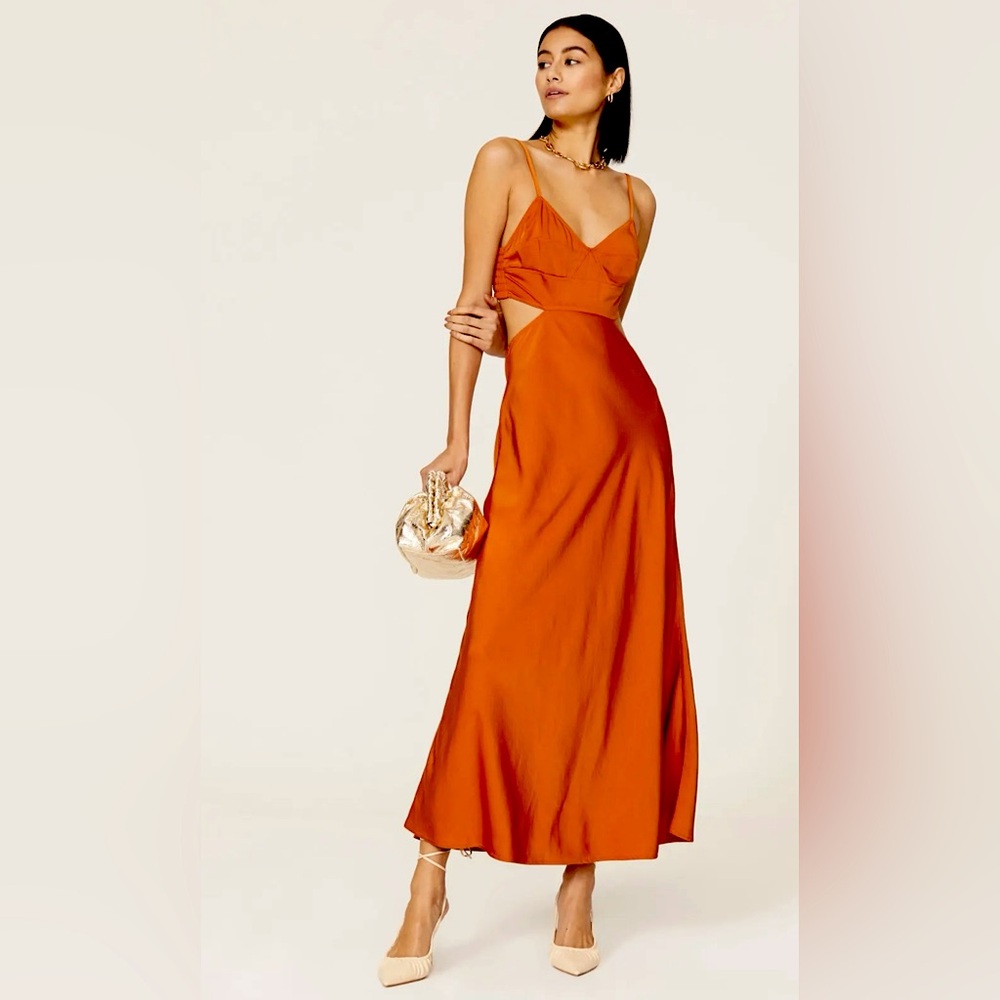A.L.C. Blakey Cut-Out Satin Midi Dress Smocked Back Rust Orange Size 4